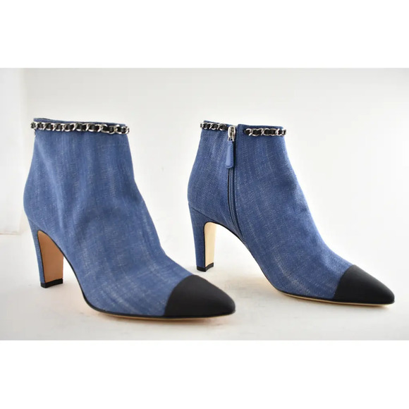 Chanel 20C Blue Denim Fabric Black Chain CC Logo Short Ankle Heel Boot Bootie 38 - Picture 4 of 12